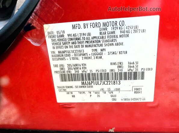 MAJ6P1UL7JC221813 2018 FORD ECOSPORT Red Widok naklejki z numerem VIN