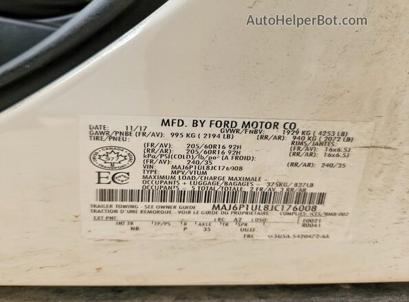 MAJ6P1UL8JC176008 2018 FORD ECOSPORT White VIN կոդի պիտակի տեսք