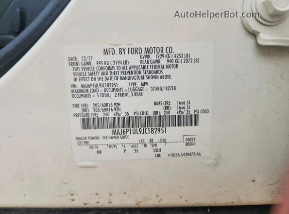 MAJ6P1UL9JC182951 2018 FORD ECOSPORT White 360 interior view