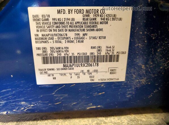 MAJ6P1UL9JC206178 2018 FORD ECOSPORT Blue VIN კოდის სტიკერის ხედი