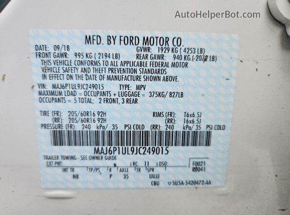 MAJ6P1UL9JC249015 2018 FORD ECOSPORT White Вид наклейки з VIN-кодом
