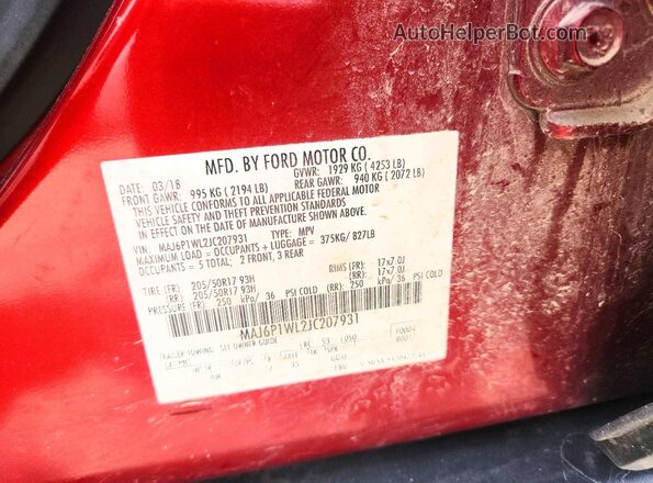MAJ6P1WL2JC207931 2018 FORD ECOSPORT Red VIN կոդի պիտակի տեսք