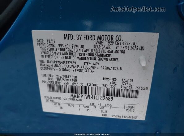 MAJ6P1WL4JC182689 2018 FORD ECOSPORT Синий Вид подкапотного пространства