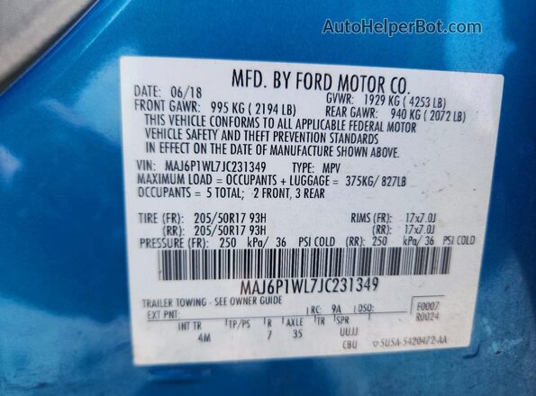MAJ6P1WL7JC231349 2018 FORD ECOSPORT Blue 360 interior view