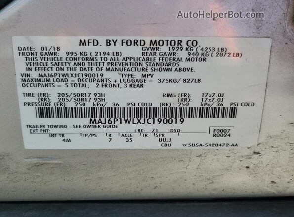 MAJ6P1WLXJC190019 2018 FORD ECOSPORT Silver 