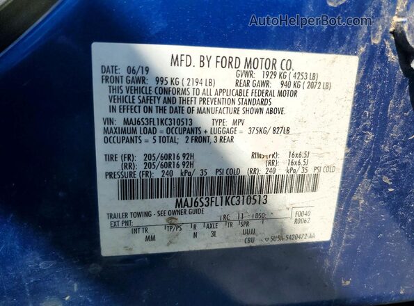 MAJ6S3FL1KC310513 2019 FORD ECOSPORT Blue Vista de la etiqueta del VIN