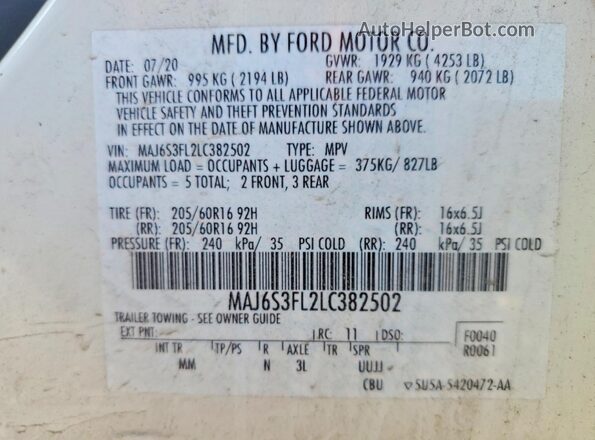 MAJ6S3FL2LC382502 2020 FORD ECOSPORT White Engine compartment view