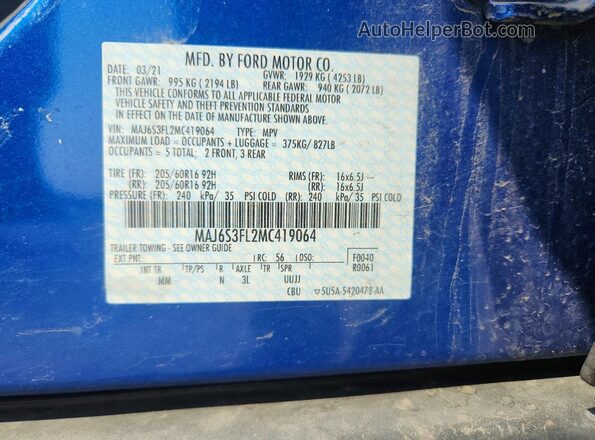 MAJ6S3FL2MC419064 2021 FORD ECOSPORT Blue Widok wnętrza 360 stopni
