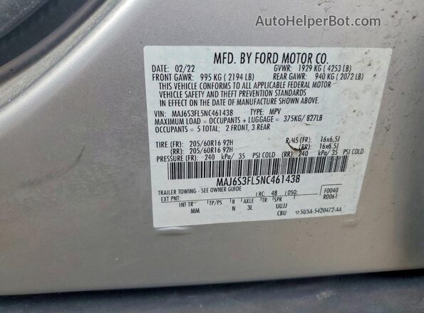 MAJ6S3FL5NC461438 2022 FORD ECOSPORT Silver Widok naklejki z numerem VIN
