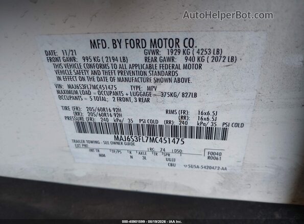 MAJ6S3FL7MC451475 2021 FORD ECOSPORT Белый Вид подкапотного пространства