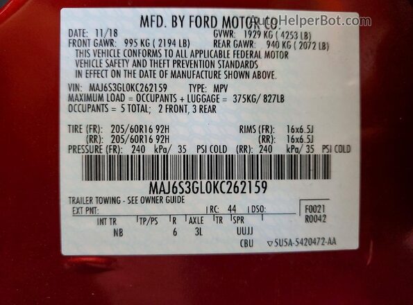 MAJ6S3GL0KC262159 2019 FORD ECOSPORT Red ძრავის განყოფილების ხედი