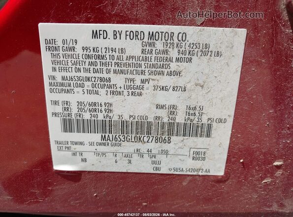 MAJ6S3GL0KC278068 2019 FORD ECOSPORT Red ძრავის განყოფილების ხედი