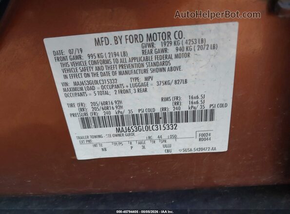 MAJ6S3GL0LC315332 2020 FORD ECOSPORT Brown Widok komory silnika