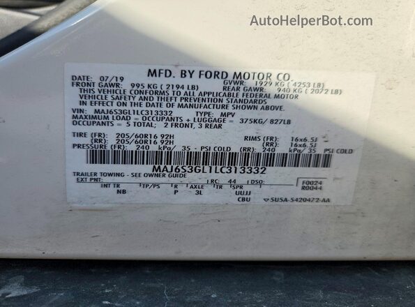 MAJ6S3GL1LC313332 2020 FORD ECOSPORT Белый Вид наклейки с VIN-кодом