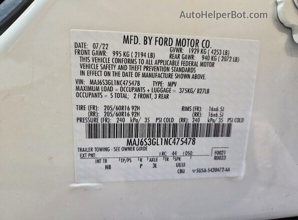 MAJ6S3GL1NC475478 2022 FORD ECOSPORT White Vista interior de 360 grados