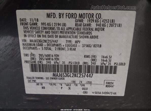 MAJ6S3GL2KC257447 2019 FORD ECOSPORT Gray Vista del compartimento del motor