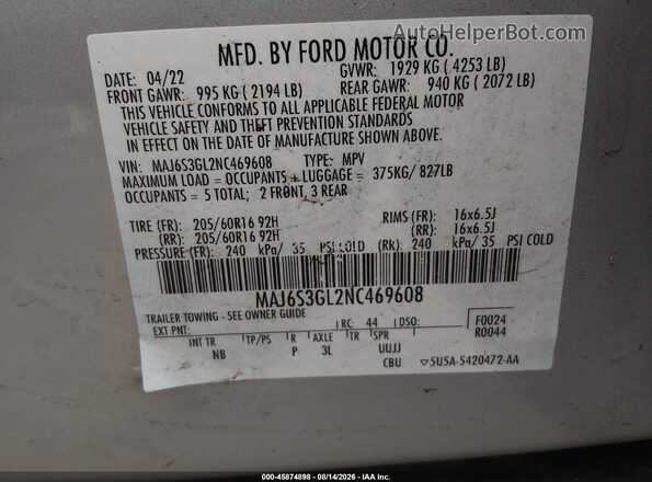 MAJ6S3GL2NC469608 2022 FORD ECOSPORT Серебряный Вид подкапотного пространства