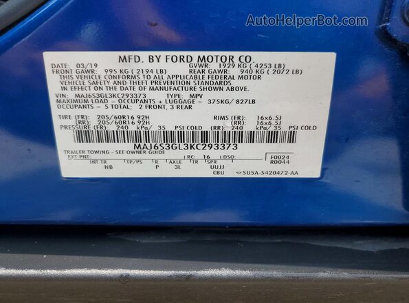 MAJ6S3GL3KC293373 2019 FORD ECOSPORT White Widok naklejki z numerem VIN