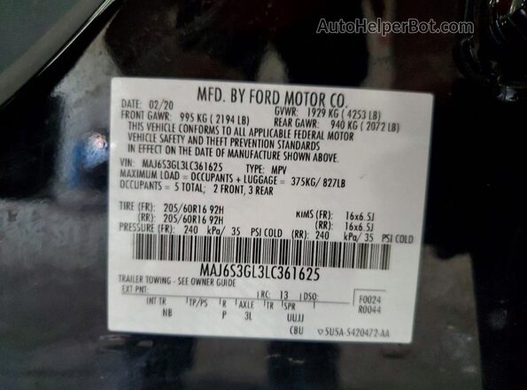 MAJ6S3GL3LC361625 2020 FORD ECOSPORT Black Widok naklejki z numerem VIN