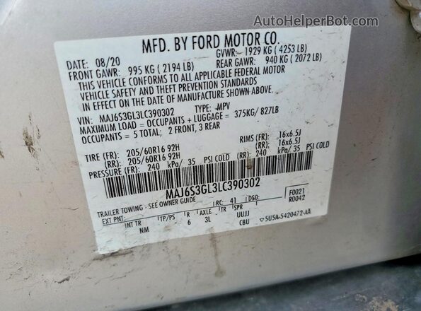 MAJ6S3GL3LC390302 2020 FORD ECOSPORT Silver VIN sticker view