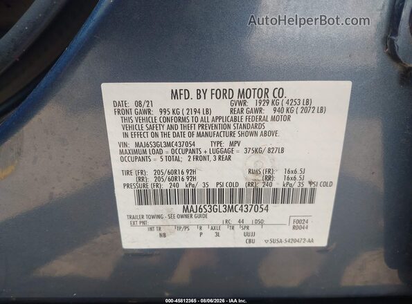 MAJ6S3GL3MC437054 2021 FORD ECOSPORT Blue ძრავის განყოფილების ხედი