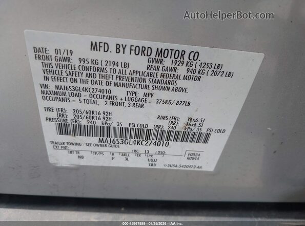 MAJ6S3GL4KC274010 2019 FORD ECOSPORT Silver Vista del compartimento del motor
