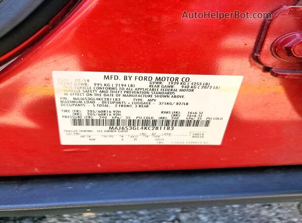MAJ6S3GL4KC281183 2019 FORD ECOSPORT Red VIN კოდის სტიკერის ხედი