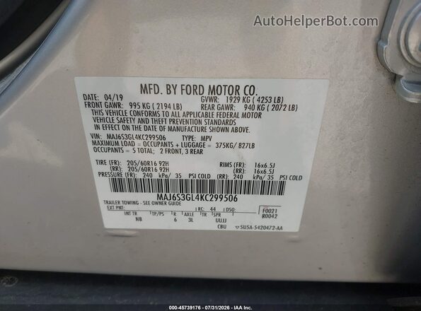MAJ6S3GL4KC299506 2019 FORD ECOSPORT Silver Vista del compartimento del motor