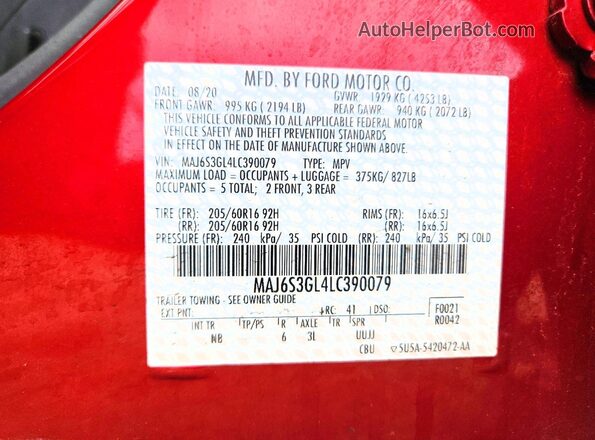 MAJ6S3GL4LC390079 2020 FORD ECOSPORT Red Vista de la etiqueta del VIN