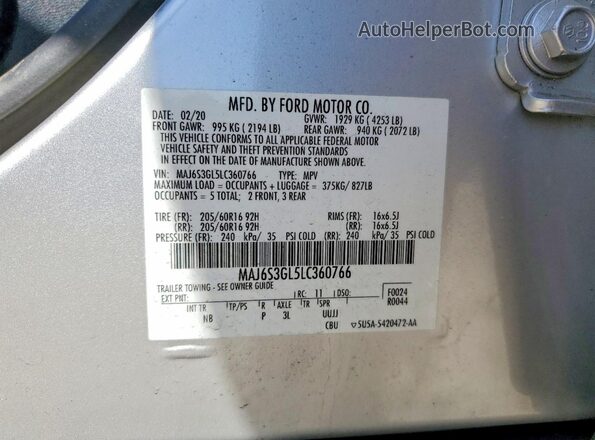 MAJ6S3GL5LC360766 2020 FORD ECOSPORT Silver Вид наклейки з VIN-кодом