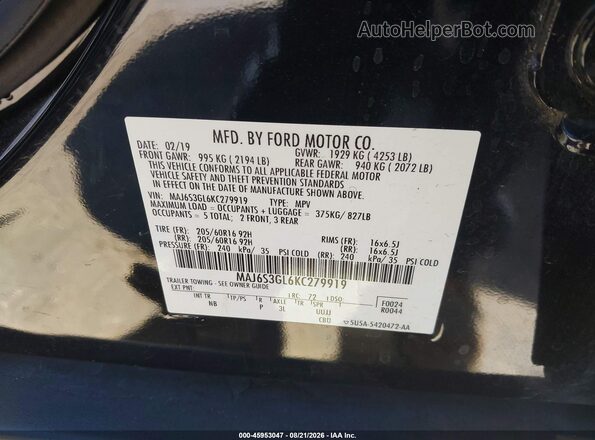 MAJ6S3GL6KC279919 2019 FORD ECOSPORT Черный Вид подкапотного пространства
