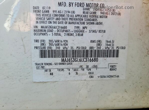 MAJ6S3GL6LC316680 2020 FORD ECOSPORT White VIN կոդի պիտակի տեսք