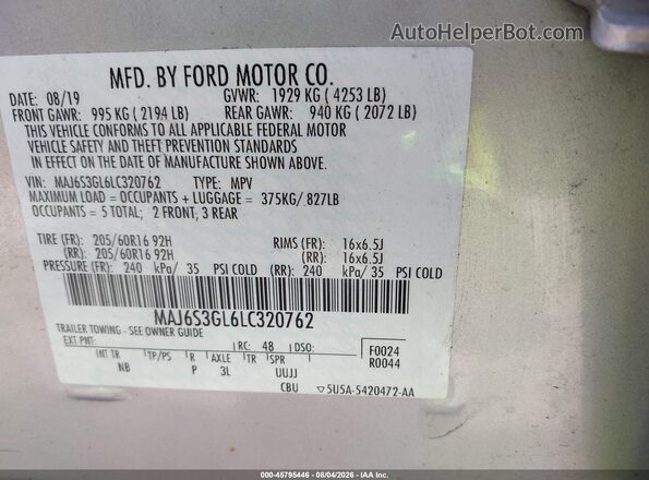 MAJ6S3GL6LC320762 2020 FORD ECOSPORT Silver Вид підкапотного простору