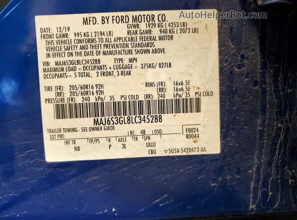 MAJ6S3GL8LC345288 2020 FORD ECOSPORT Blue Панорамний вид салону 360°