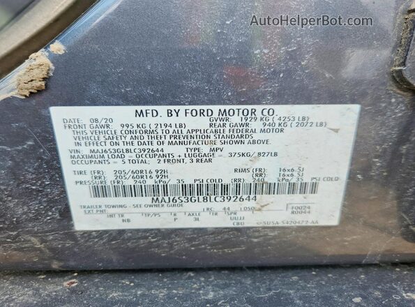 MAJ6S3GL8LC392644 2020 FORD ECOSPORT Gray Widok naklejki z numerem VIN