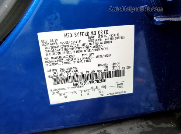 MAJ6S3GL9KC282801 2019 FORD ECOSPORT Blue VIN կոդի պիտակի տեսք