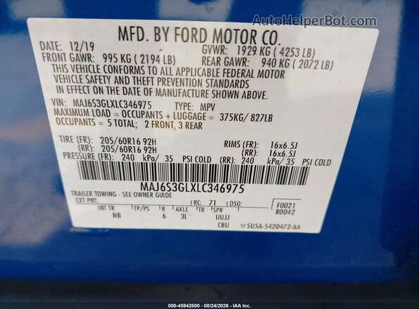 MAJ6S3GLXLC346975 2020 FORD ECOSPORT Синий Вид подкапотного пространства