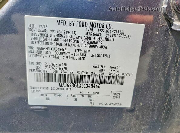 MAJ6S3GLXLC348466 2020 FORD ECOSPORT Blue 360 interior view
