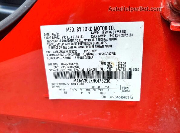 MAJ6S3GLXNC473230 2022 FORD ECOSPORT Красный Панорамный вид салона 360°