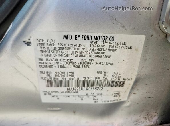 MAJ6S3JL1KC258212 2019 FORD ECOSPORT Silver Widok komory silnika