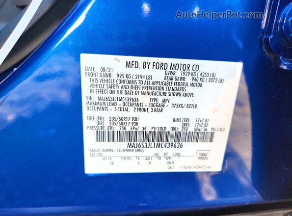 MAJ6S3JL1MC439636 2021 FORD ECOSPORT Blue VIN კოდის სტიკერის ხედი