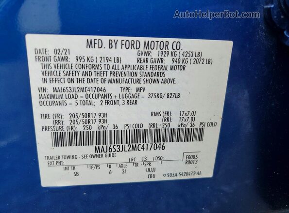 MAJ6S3JL2MC417046 2021 FORD ECOSPORT Blue Սալոնի 360 աստիճան տեսք