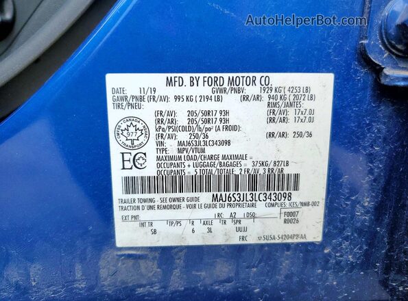 MAJ6S3JL3LC343098 2020 FORD ECOSPORT Blue VIN կոդի պիտակի տեսք