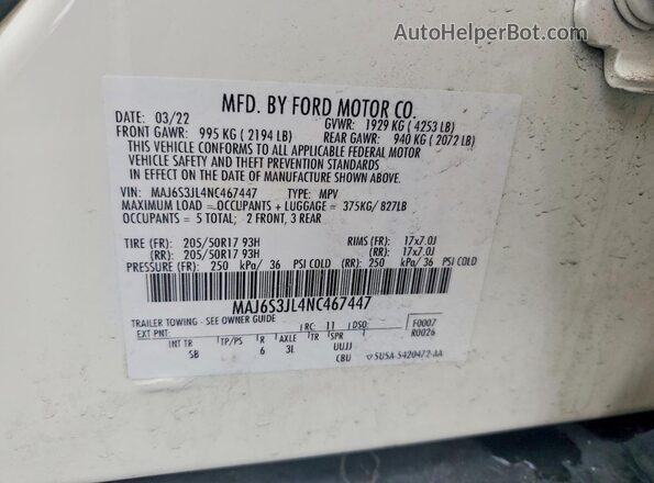 MAJ6S3JL4NC467447 2022 FORD ECOSPORT White Вид наклейки з VIN-кодом