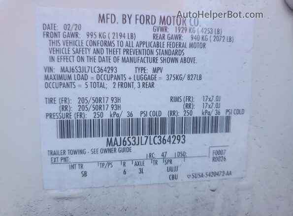 MAJ6S3JL7LC364293 2020 FORD ECOSPORT Белый Вид наклейки с VIN-кодом