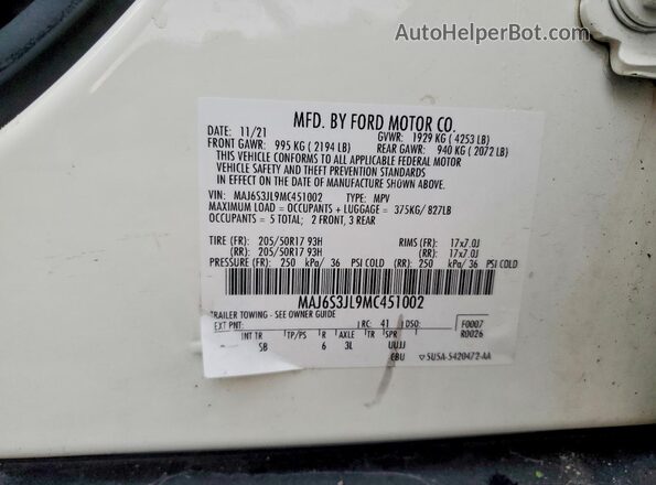 MAJ6S3JL9MC451002 2021 FORD ECOSPORT White Vista de la etiqueta del VIN
