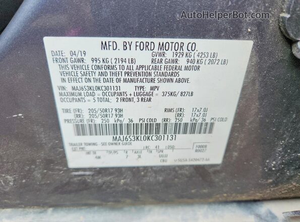 MAJ6S3KL0KC301131 2019 FORD ECOSPORT Gray Widok naklejki z numerem VIN