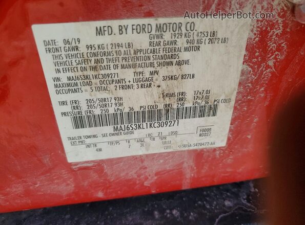 MAJ6S3KL1KC309271 2019 FORD ECOSPORT Красный Вид наклейки с VIN-кодом
