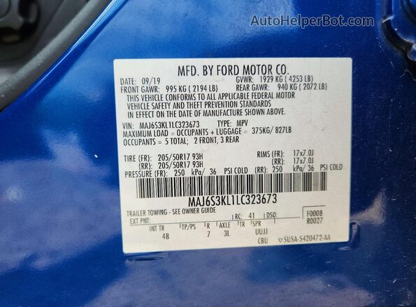 MAJ6S3KL1LC323673 2020 FORD ECOSPORT Blue Вид наклейки з VIN-кодом