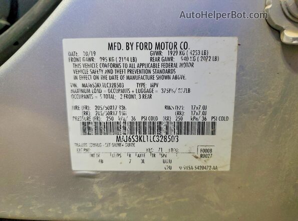 MAJ6S3KL1LC328503 2020 FORD ECOSPORT Silver სალონის 360-გრადუსიანი ხედი